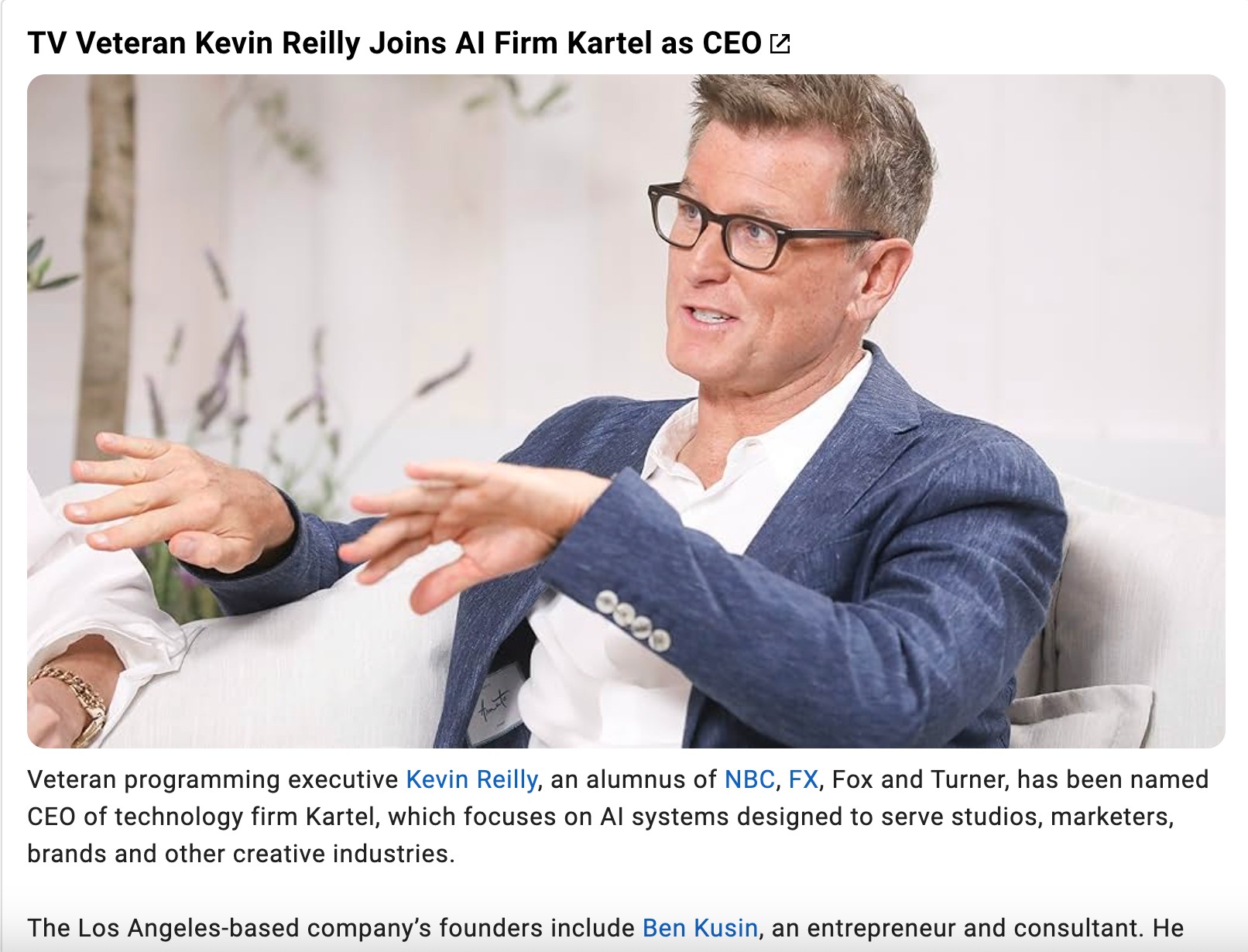 TV Veteran Kevin Reilly Joins AI Firm Kartel as CEO