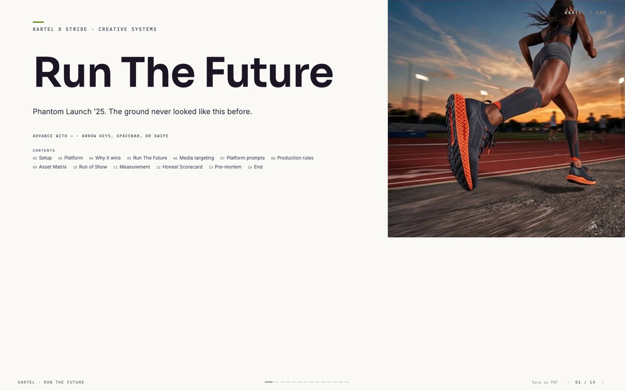 The cover of the Run The Future deck the Creative Strategy Engine built for STRIDE